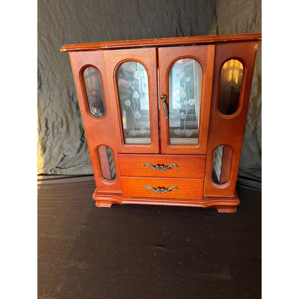Vintage Wooden Jewelry Armoire Etched Glass Heart Mirror Carousel Cherry Finish